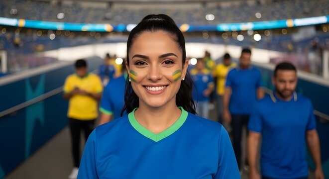  Copy space for soccer event mockup. 2026 soccer world championship. Brazilian woman fan with her face painted in a soccer stadium