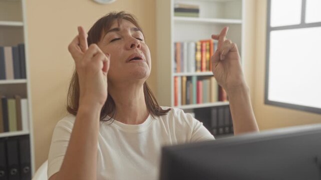 Woman crossing fingers at computer in building, sitting at desk and looking upward toward ceiling; hope wish.