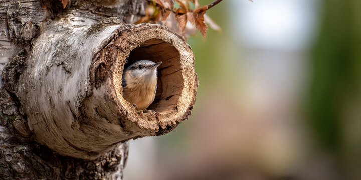 Eurasian Nuthatch Bird Resting Inside a Tree Hollow, Wildlife in Natural Habitat, Springtime Scene