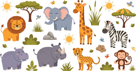 Obraz premium Cute African Safari Animals Cartoon Set with Lion, Elephant, Giraffe, Zebra, Rhino, Leopard, Monkey and Savanna Nature ElementsCute African Safari Animals Cartoon Set with Lion, Elephant, Giraffe, Zeb