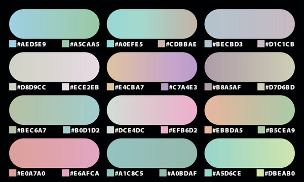 Soft pastel gradient color palette set with hex codes for modern ui design abstract background
