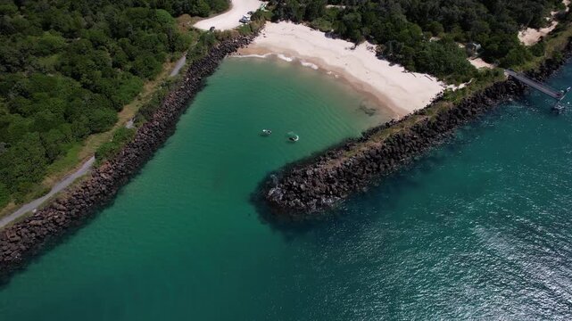 Tourist At The Secluded Beach Of Marlo At Tweed River In Fingal Head, New South Wales, Australia. Aerial Shot