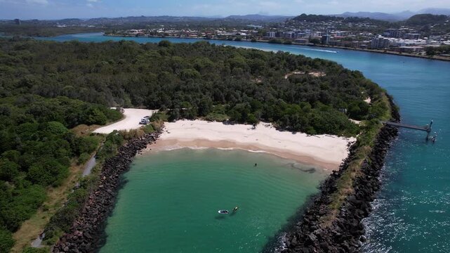 Above Marlo&rsquo;s Beach By The Tweed River Mouth In Fingal Head, New South Wales, Australia. Aerial Drone Shot