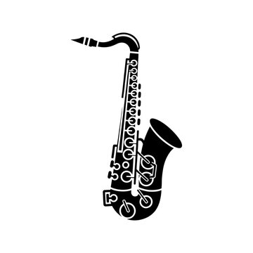 A striking black graphic depicts a saxophone showcasing its curves and keys as a silhouette