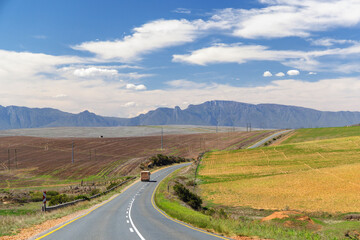 Naklejka premium Asphalt road in South Africa surrounded by fields