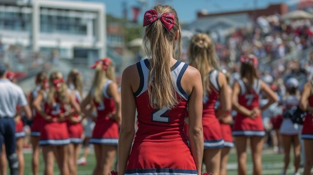 Back view of a focused young girl, blonde cheerleader with ponytail in a red uniform standing, performing with her squad, team on the sideline of a stadium event, sports field, game, crowd, outdoors