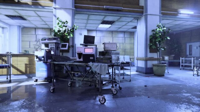 sunlit hospital atrium with gurney and monitors, empty emergency staging area with polished floor, potted plants, large windows, tracking wheels on cart