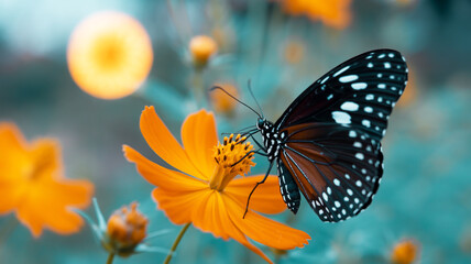 Obraz premium A striking black and orange butterfly elegantly rests on a vivid cosmos bloom, highlighted by the dramatic, soft golden light of a serene natural setting, evoking a peaceful evening glow