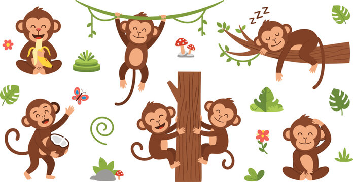 Cute Cartoon Monkey Character Set with Jungle Activities, Swinging, Sleeping, Playing and Climbing on Tree Branches CollectionCute Cartoon Monkey Character Set with Jungle Activities, Swinging, Sleepi