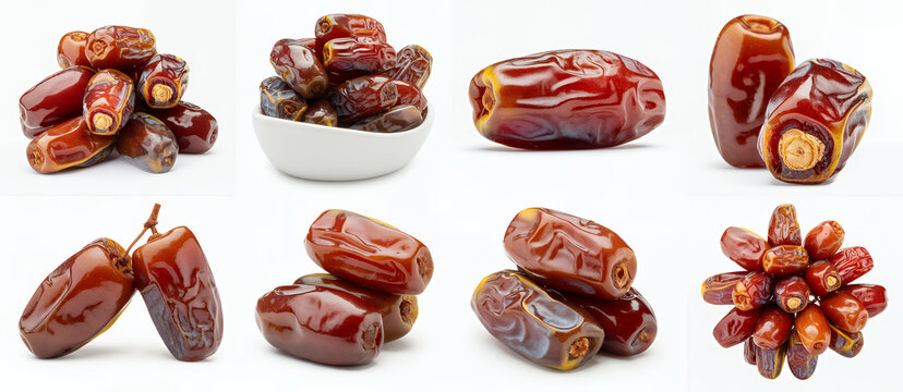 Various dates on white background fruit brown healthy organic