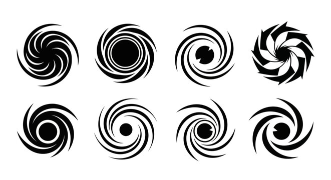 Eight swirling designs in black a versatile graphic element on transparent background silhouette
