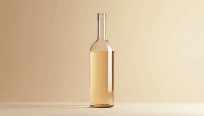 Naklejka premium Clear glass bottle holding light colored liquid sits on a beige surface. Simple studio shot, clean background, elegant product design, advertising template.