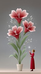 Obraz premium A woman in a red dress holds a glowing wand, standing beside a giant blooming flower plant in a white pot, surrounded by sparkles on a soft gray background.