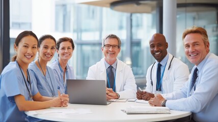 Fototapeta premium Diverse Medical Team Collaboration: Doctors and Nurses Smiling in a Bright Hospital Setting, Discussing Patient Care