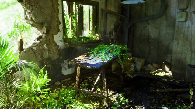 Sunlit cottage ruin with green plants peeling plaster and wooden table, fern clusters absorbing light, gentle shadows across floor, silent sanctuary mood ideal