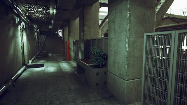 Narrow security corridor framed by barred gate, overhead grating and exposed piping, hard concrete columns and chipped paint, focused light puddles and long