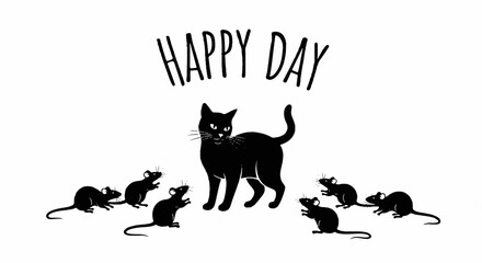Naklejka premium Black cat standing among group of mice on white background with happy day text