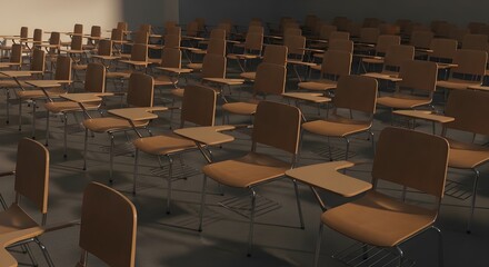 Fototapeta premium Empty classroom with brown school desks and chairs in rows, educational background