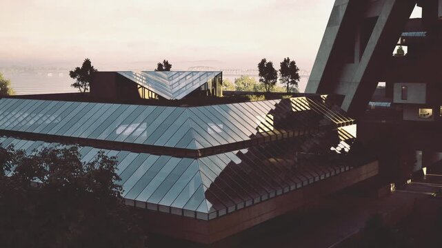 Metal roofs and trees at dusk, corrugated sheets catching soft pink light, distant skyline silhouettes and scattered chimneys, textured ridges and gutters
