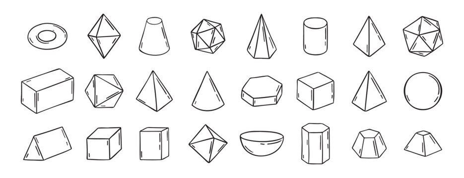 Three dimensional Hand Drawn Sketch Geometry Shapes. Doodle outline 3d geometry shapes. 