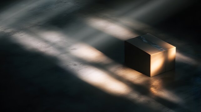 a large cardboard box placed on a textured floor, set against a backdrop of slatted light filtering