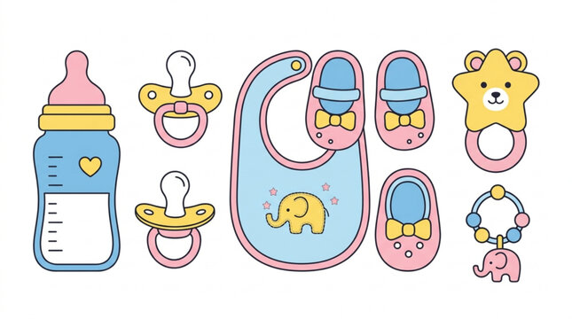 Baby essentials collection with bib shoes pacifiers bottle and toys on white background for nursery or childcare