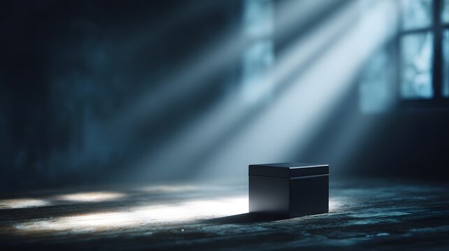 an intriguing scene featuring a small black box placed centrally on what appears to be a wooden floo