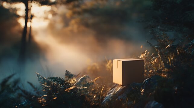 a tranquil woodland scene during sunset, where a cardboard box is placed amidst lush vegetation, evo