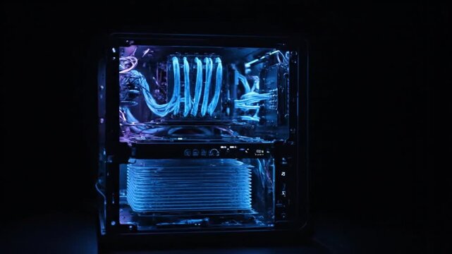 Glowing blue computer hardware components.
