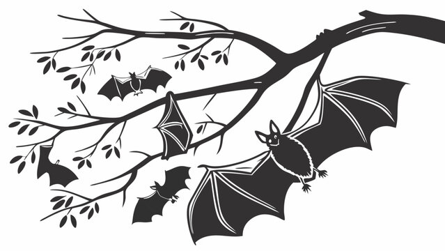 Silhouette Bats Hanging and Flying from Tree Branches for Halloween or Nature Design Projects Spooky Atmosphere