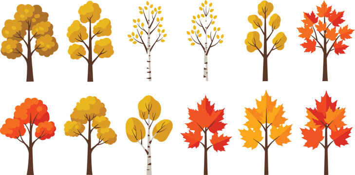 Flat Design Autumn Tree Icon Set with Geometric Fall Foliage Maple and Birch Elements for Seasonal Web Graphics Minimalist Forest Landscape Vector Illustrations