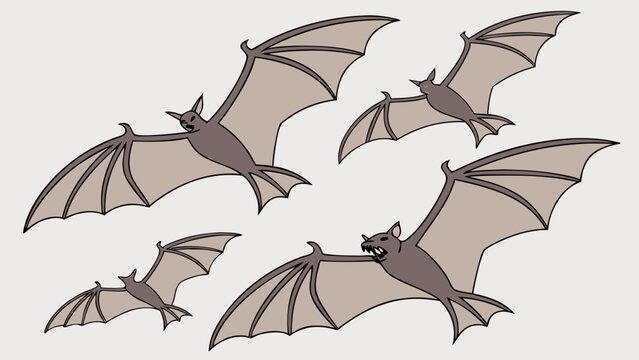 Five Brown Bats Flying Together in Dynamic Flight for Halloween or Nature Design Projects