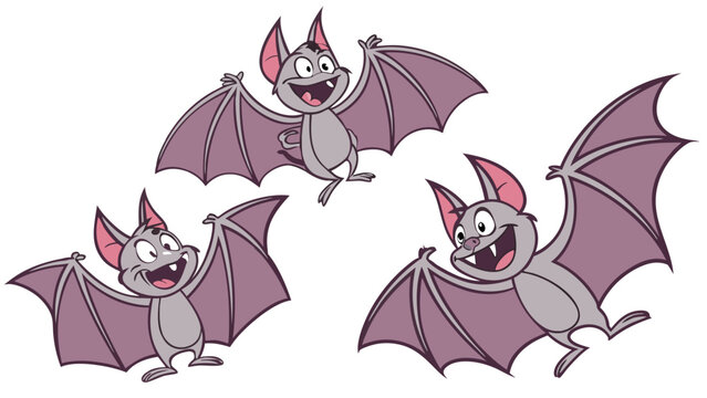 Three Cheerful Cartoon Bats Flying with Open Wings for Halloween Party Invitations or Kids Education Design