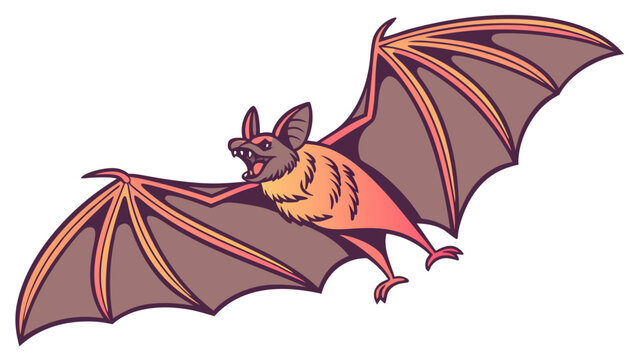 Flying Bat Spreading Wings for Halloween Horror Design Web Graphics Spooky Night Creature Illustration