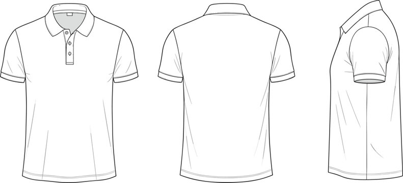  Flat vector illustration of polo shirt technical sketch, front back side views, collar placket design, short sleeves, fashion garment drawing
