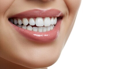Obraz premium Close-up of a radiant, healthy smile of a young woman with perfect, white, even teeth on an isolated white background with copy space.