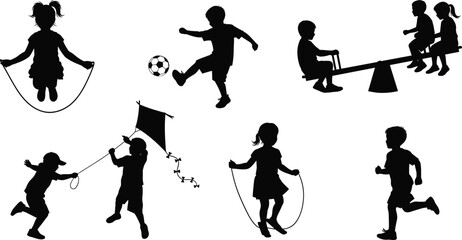 Fototapeta premium Flat vector illustration of children silhouettes, outdoor playground activities, jumping rope, soccer, kite flying, running, seesaw play, childhood fun
