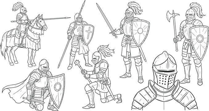  Flat vector illustration of medieval knights, armor, shields, swords, lance, mace, poleaxe, horse rider, helmet close-up, historical battle design