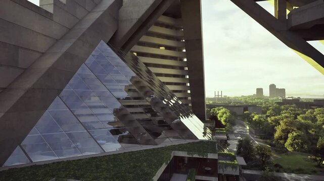Bright modern pyramid atrium with reflections, angled glass panels and layered terraces with greenery, concrete beams framing open corridors, cool daylight