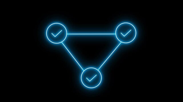 Three Steps Process With Check Marks on 3 Point,  Glowing Line Animation Animation on dark background.  Successful Connected Steps Task Completion, Workflow Progress, Neon Style.
