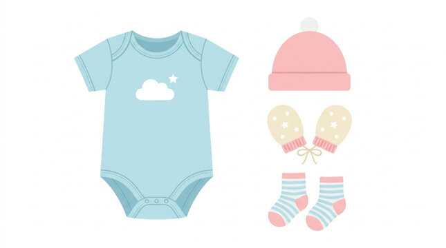 Adorable pastel blue baby bodysuit with cloud graphic paired with a soft pink knit hat cozy striped mittens and matching striped socks presenting a complete charming