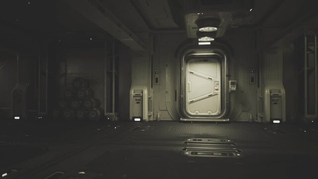 Dim metallic corridor with sealed airlock, overhead lights casting soft reflections on wet bulkhead floor, closed maintenance panels, quiet sterile atmosphere