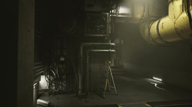 Engine room inspection with tripod and sprawling piping, moody shafts of light, metallic surfaces, silent workerless scene suggesting ongoing checks