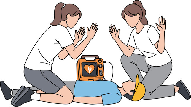 Emergency AED Defibrillator Rescue Scene with First Aid Responders Saving Unconscious Person, Cardiac Arrest Assistance and Lifesaving Medical Training Illustration