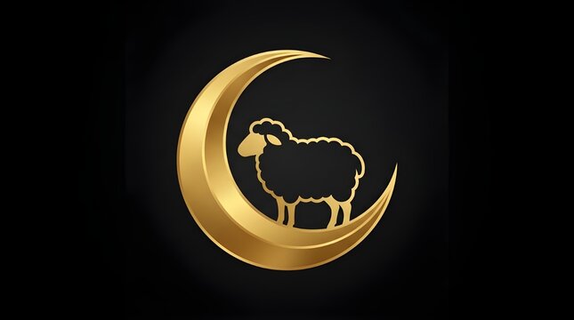 Eid al-Adha Islamic Celebration Concept with Golden Crescent Moon and Sheep Silhouette on Black Background, Religious Sacrificial Festival Luxury Vector Illustration