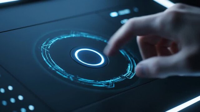 Hand interacting with futuristic interface technology.