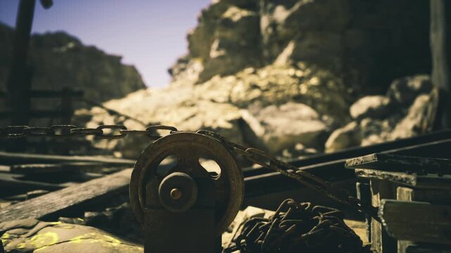 Rusty wheel in namibia desert foreground, abandoned mining relics scattered across sunlit rocky valley, warm golden light, textured metal and weathered wood,