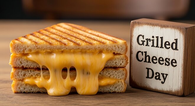 Melted cheese oozing from grilled sandwich on wooden table next to grilled cheese day block