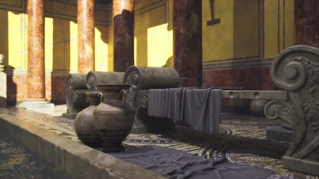 Pair of amphorae resting beside carved bench in sunlit atrium, dust motes drifting through warm light, rough clay surfaces and stacked vessels convey sense