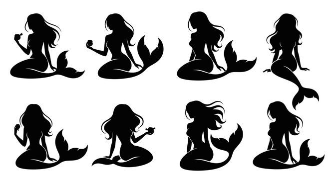 A collection of mermaid silhouettes in various poses on transparent background